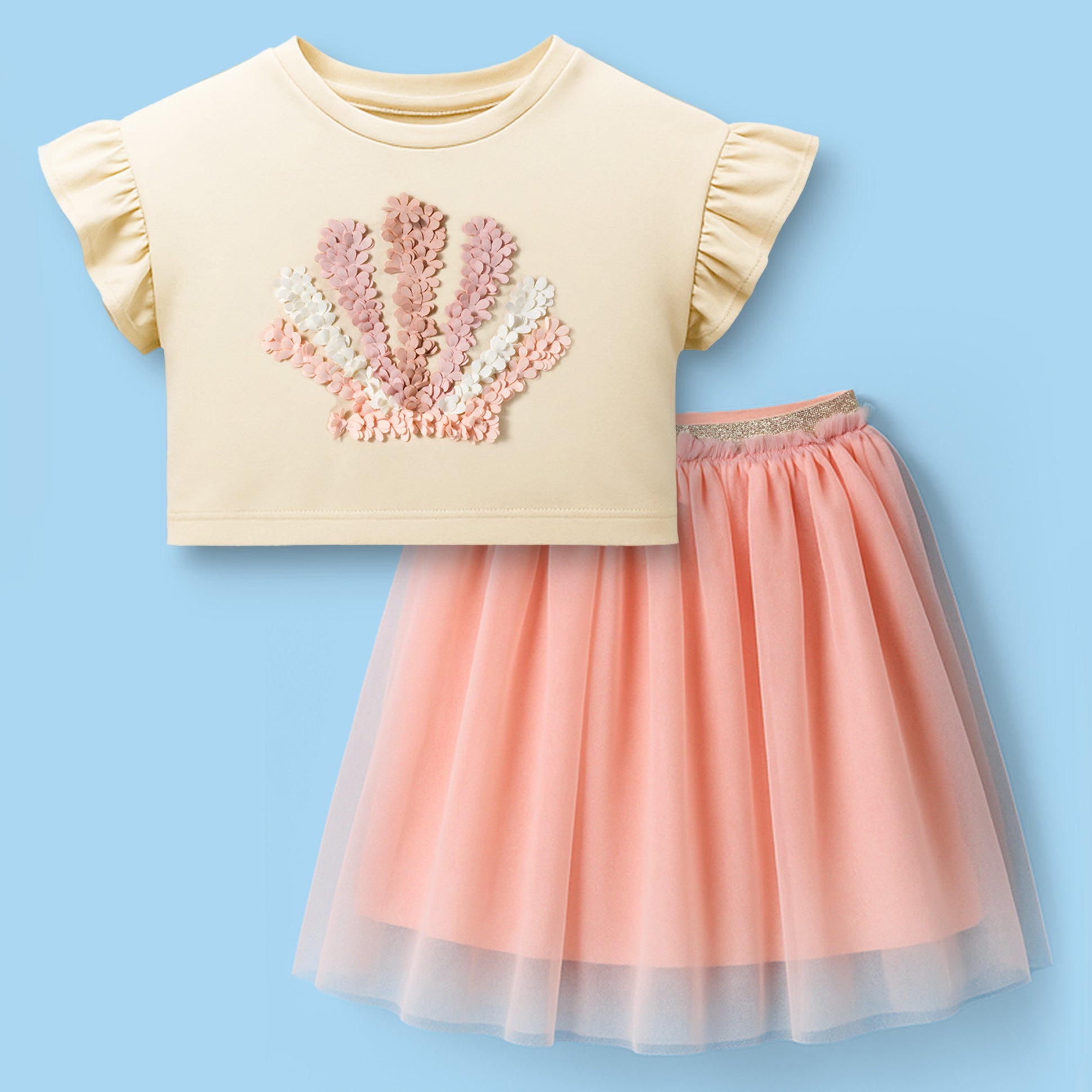Paris Night Off White T-shirt with Peach Skirt Set For Girls