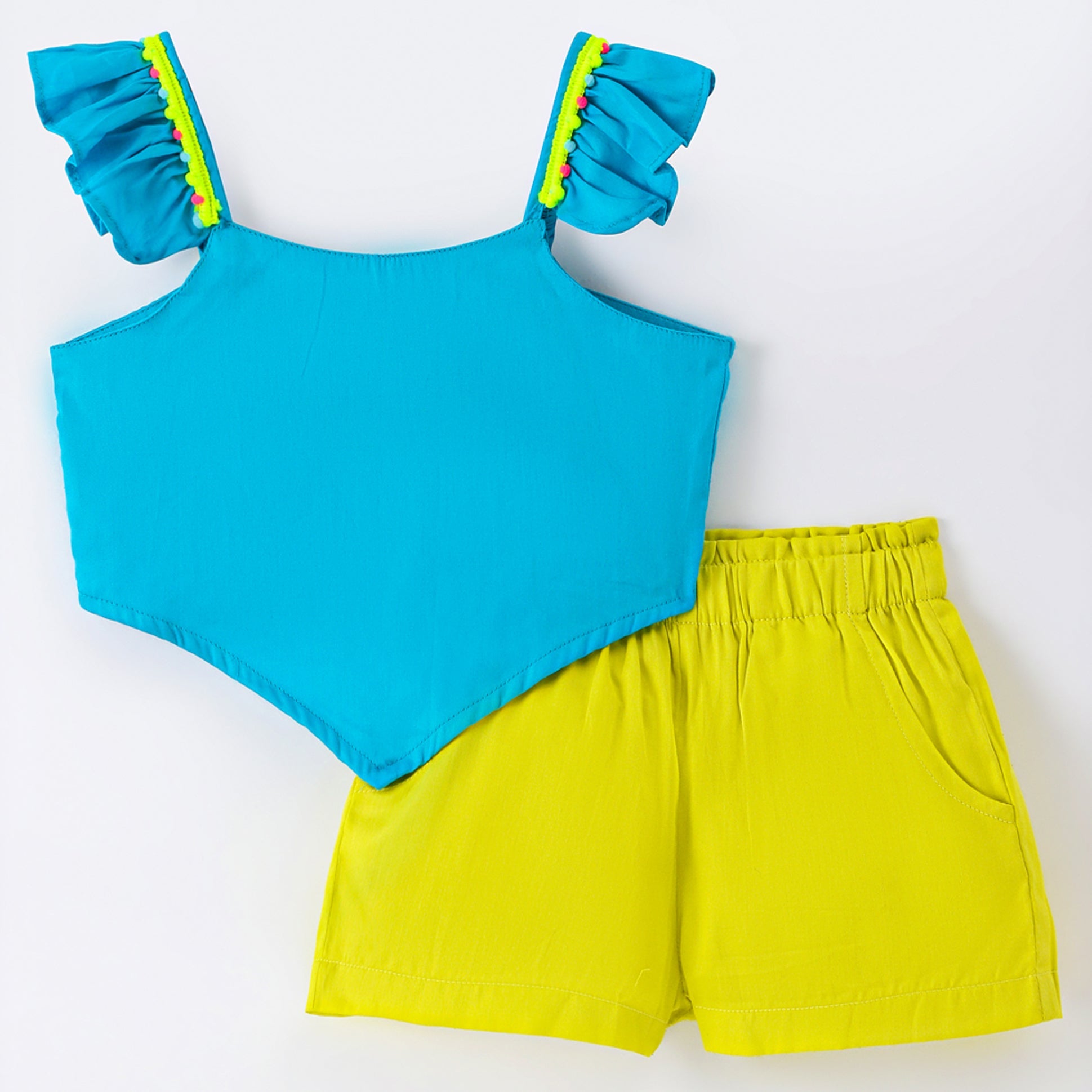Girls Stylish and Trendy Cotton satin Ruffle off sholuder Top with Shorts