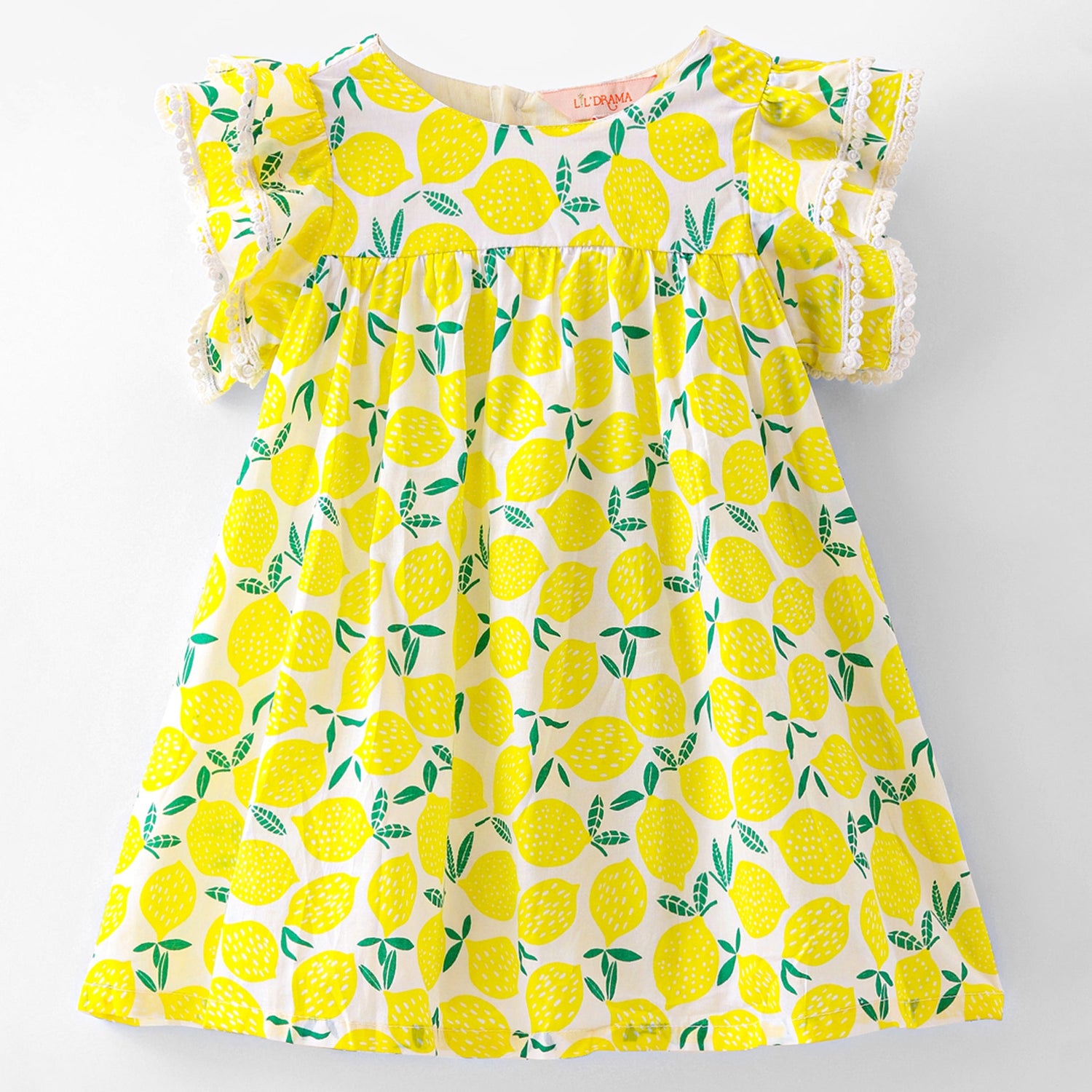 Girls Lemon Print Dress with Lace on flutter sleeve