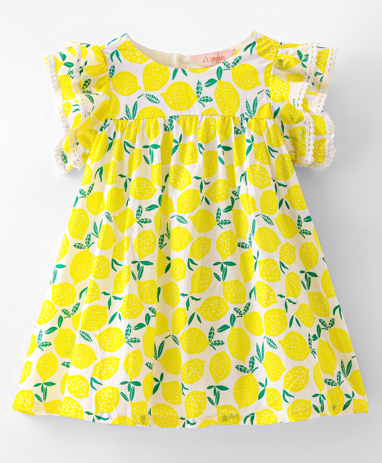 Girls Lemon Print Dress with Lace on flutter sleeve