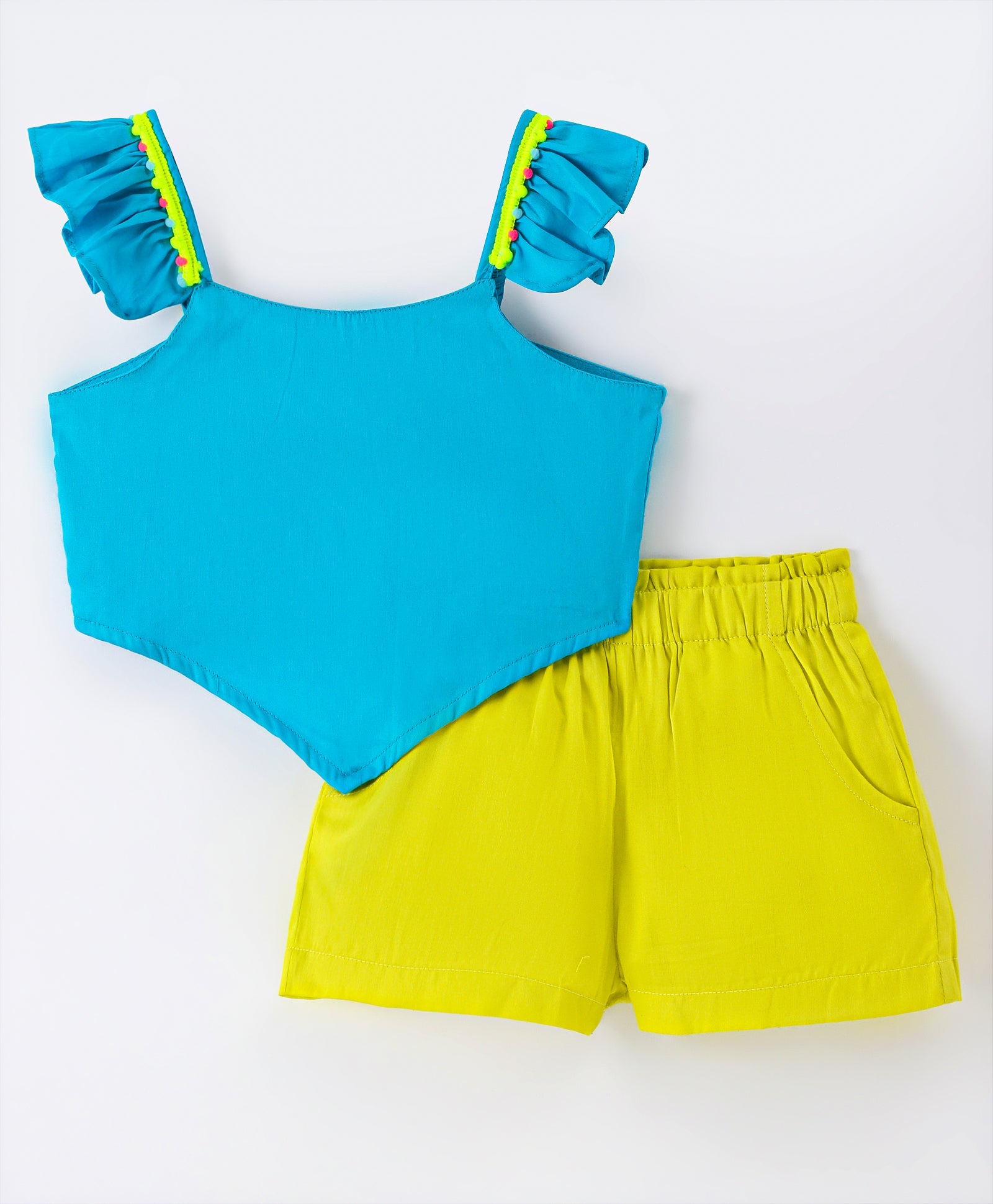 Girls Stylish and Trendy Cotton satin Ruffle off sholuder Top with Shorts