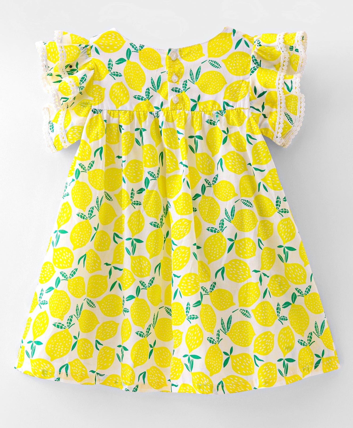 Girls Lemon Print Dress with Lace on flutter sleeve