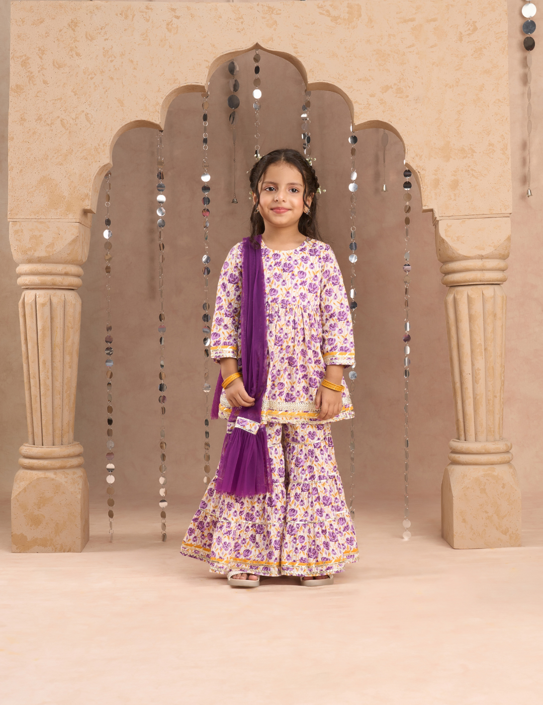 Jaipur Girls Lavender Cotton Kurta with Sharara with Dupata Ethnic Set