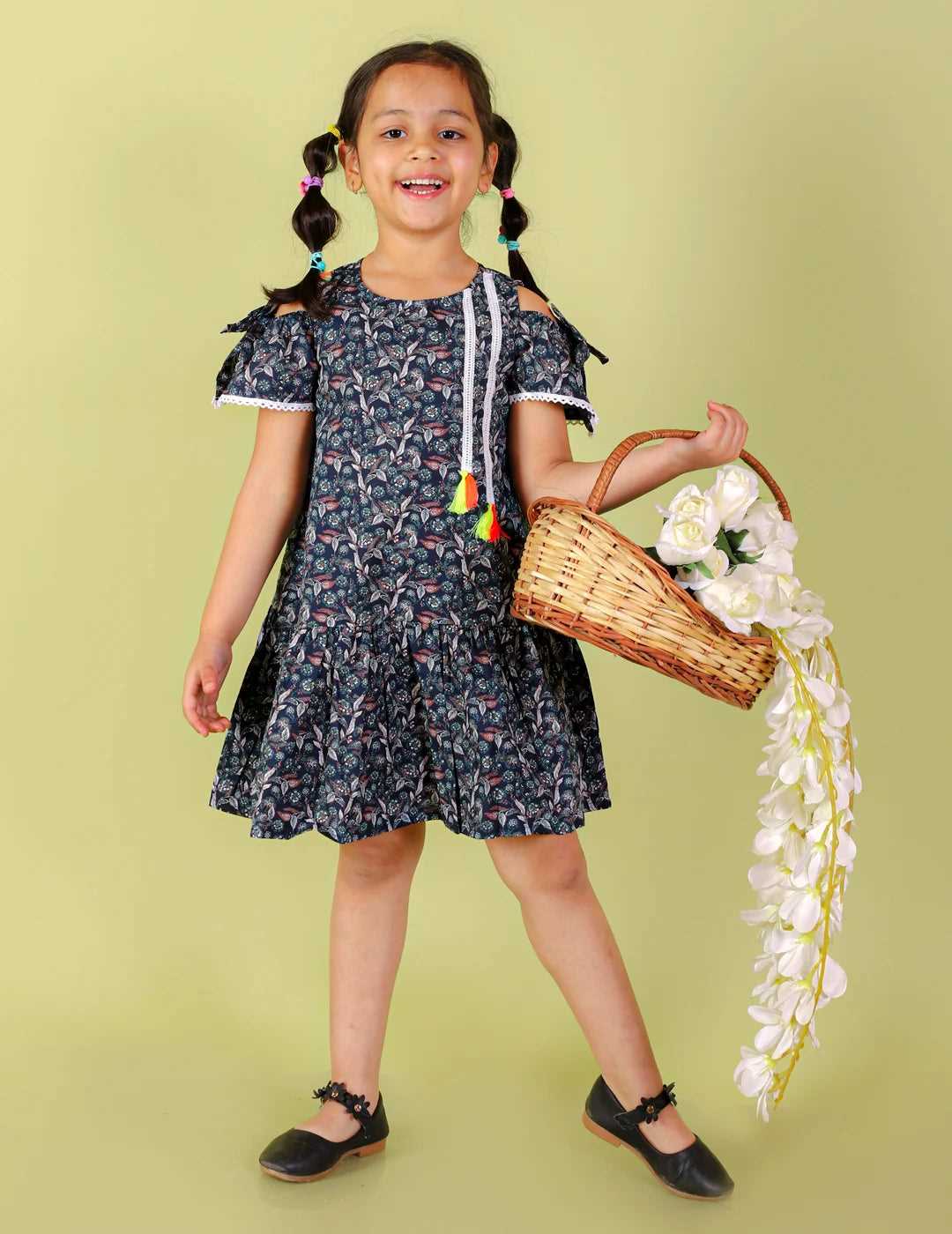 Girls printed casual cotton dress with lace work and tassles