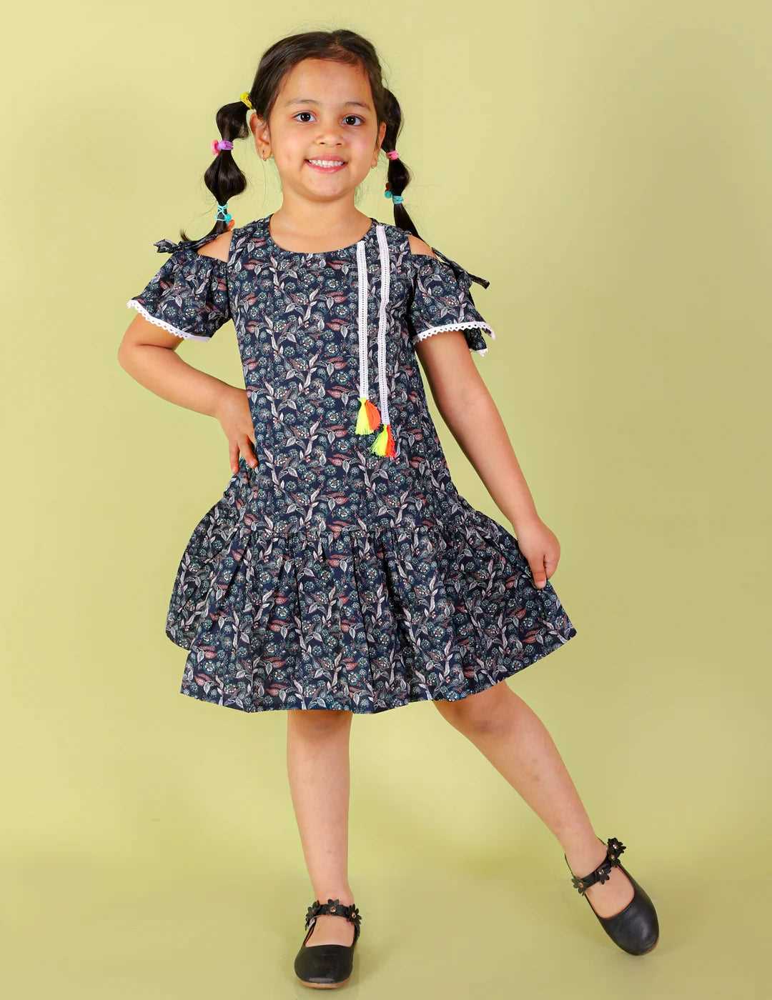 Girls printed casual cotton dress with lace work and tassles