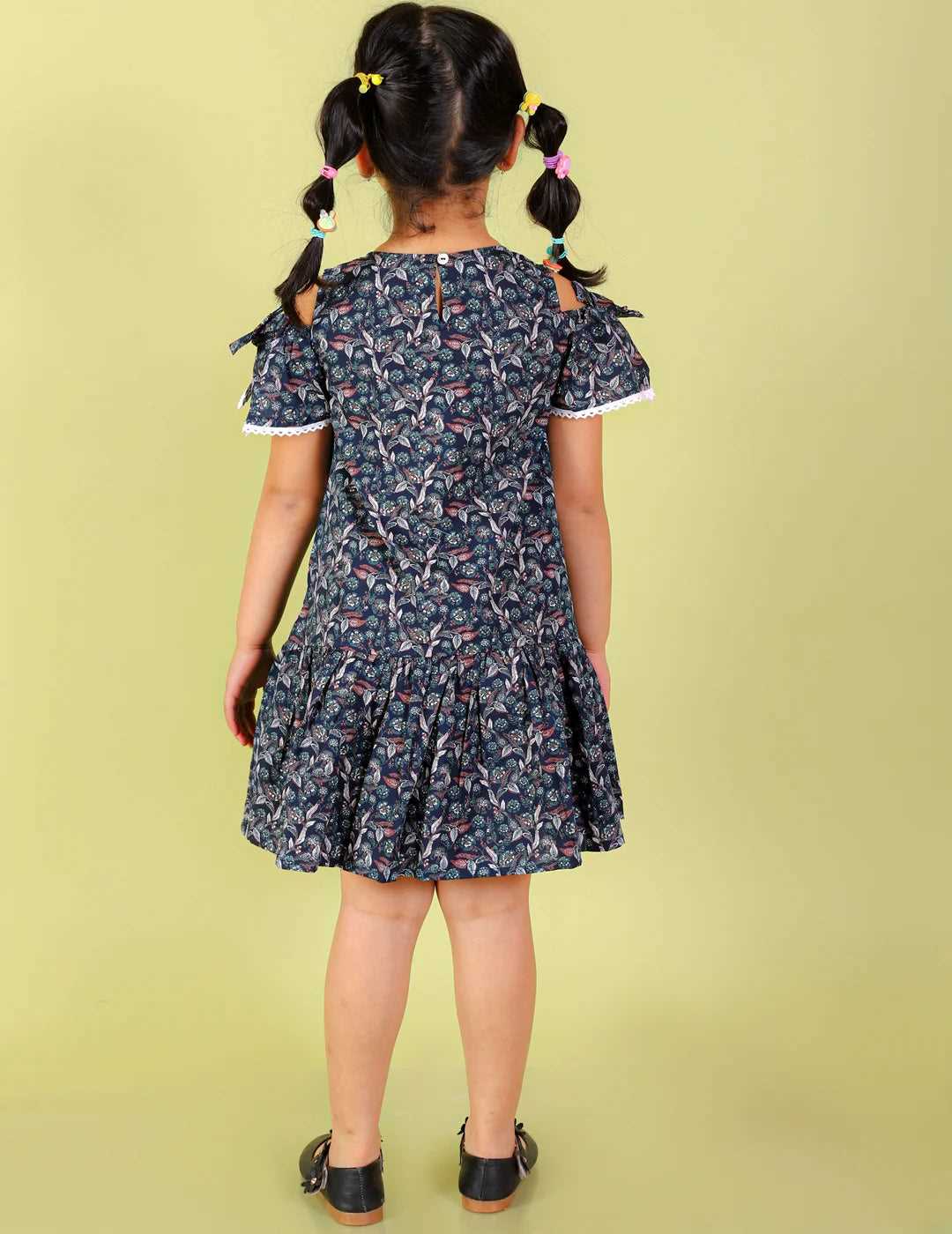 Girls printed casual cotton dress with lace work and tassles