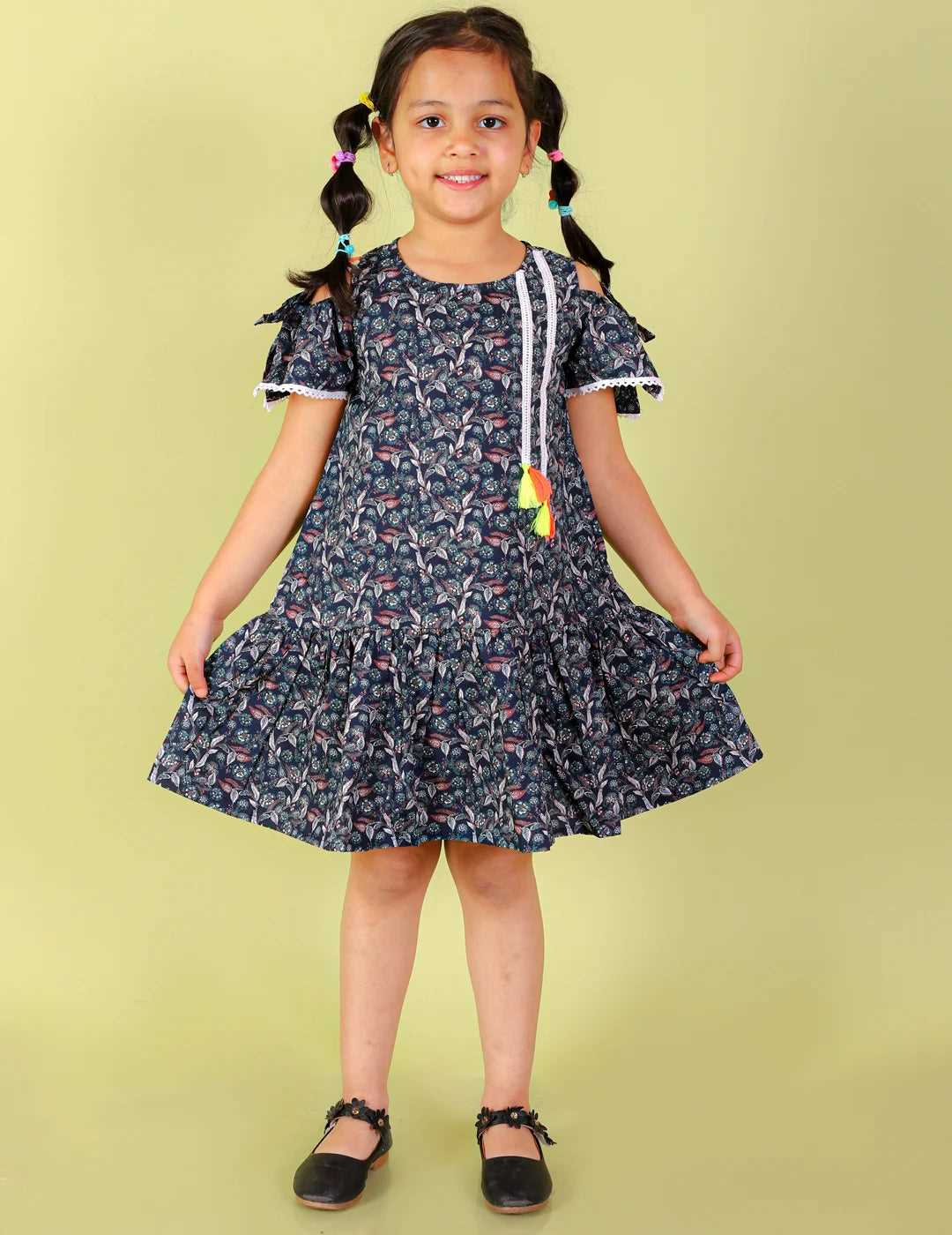 Girls printed casual cotton dress with lace work and tassles