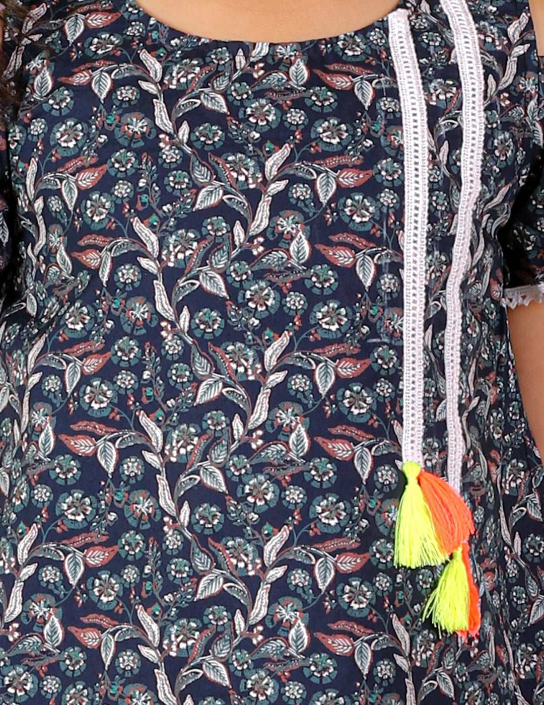 Girls printed casual cotton dress with lace work and tassles