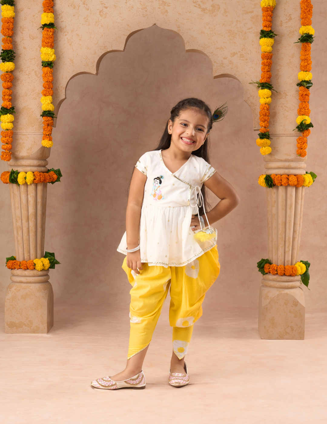 Marigold magic White Girls Cotton Kurta and Yellow Dhoti Ethnic Set