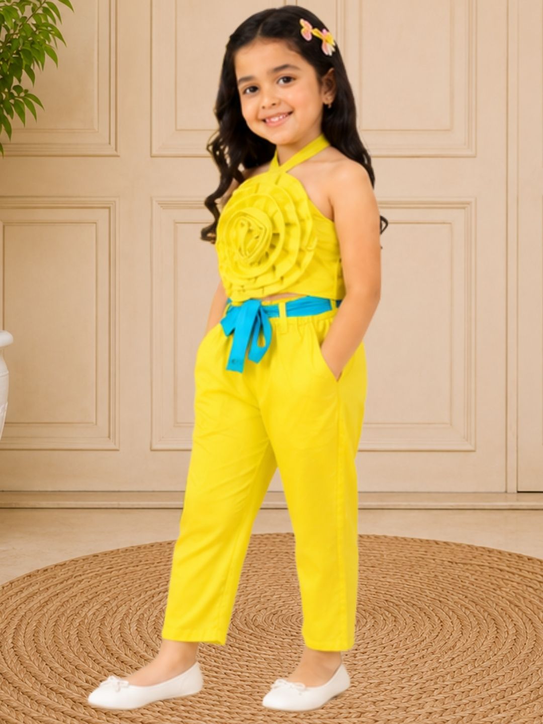Girls Yellow Co-ord sets with 3D rose on Top