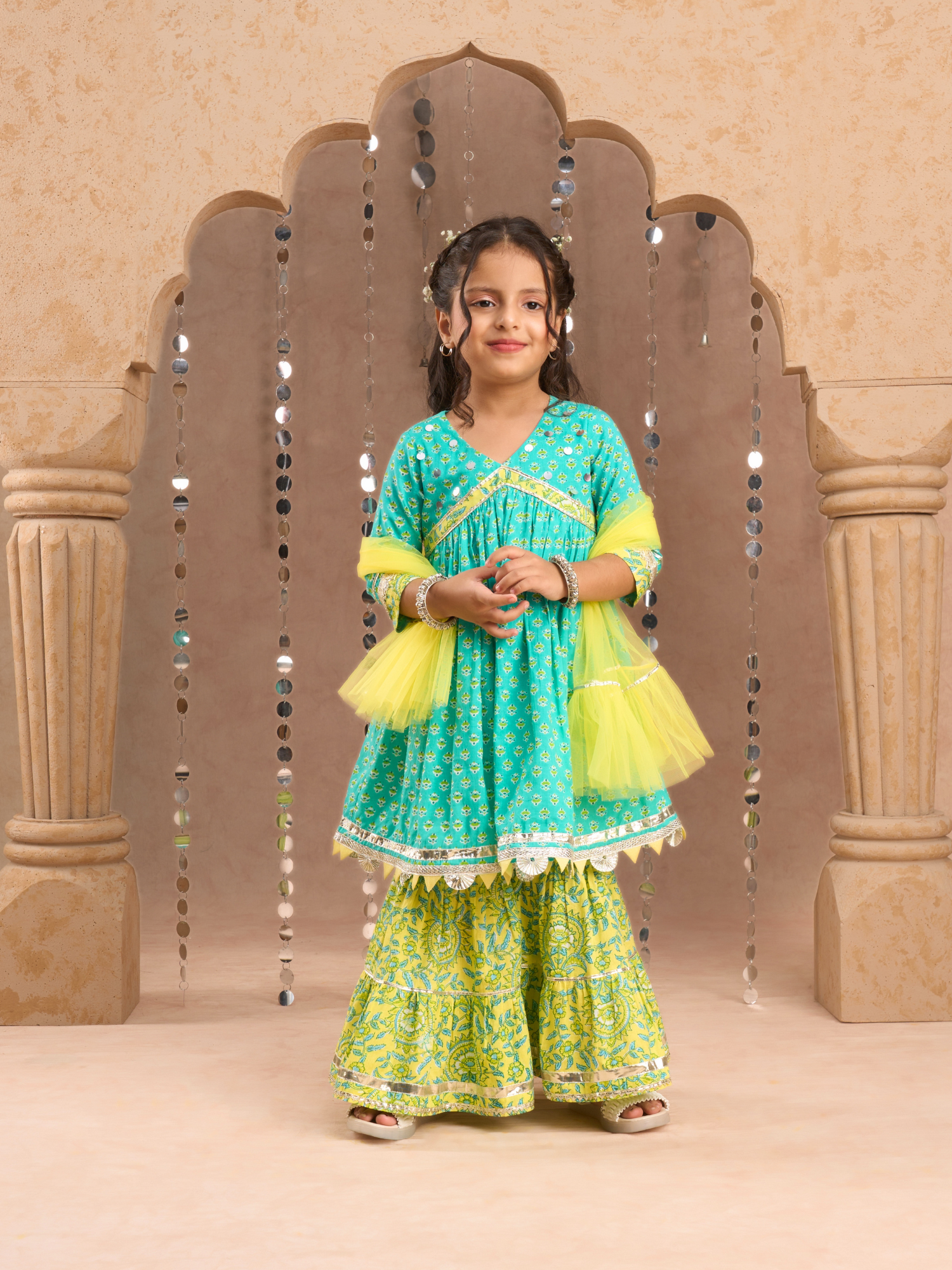 Jaipur Girls Green Cotton Kurta with Sharara with Dupata Ethnic Set