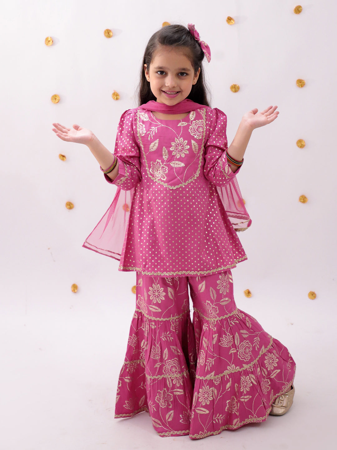 Khilkhilahat Pink Kurta Sharara With Dupatta Set For Girls