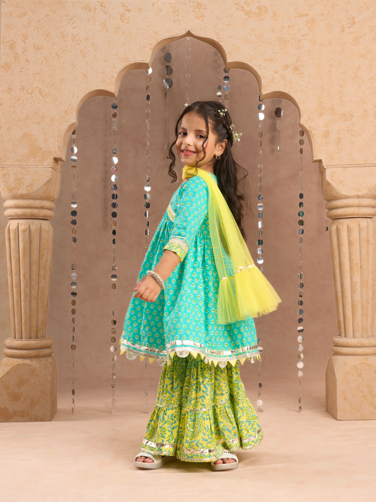 Jaipur Girls Green Cotton Kurta with Sharara with Dupata Ethnic Set