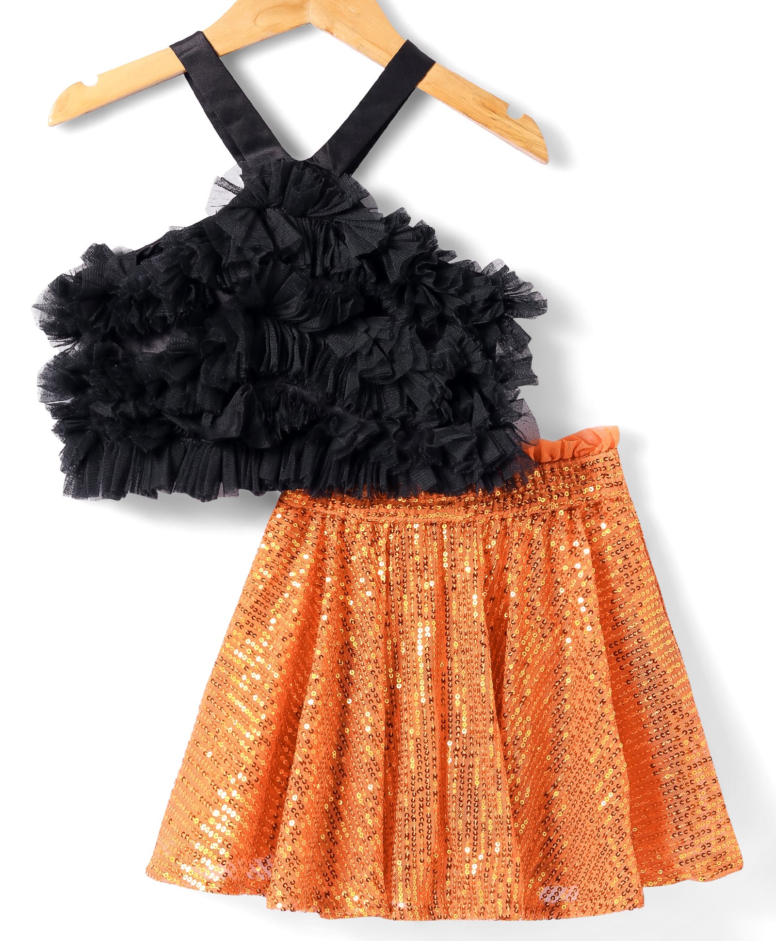 Lil Drama Girls Black Party top with Orange skirt for girls