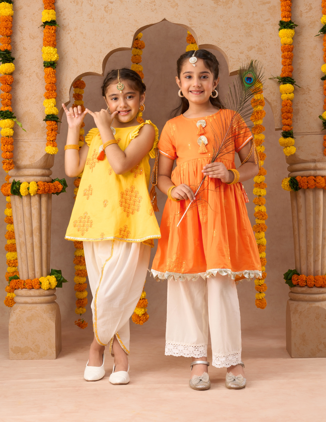 Marigold magic Girls Orange Cotton Kurta and White Pyjama Ethnic Set