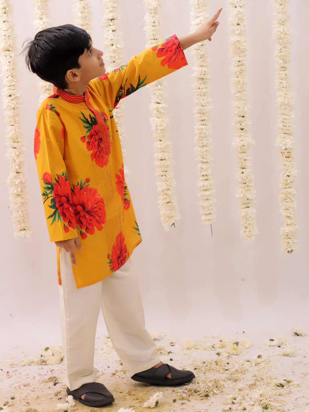 Genda Phool Mustard Kurta and White Pant Set for Boys