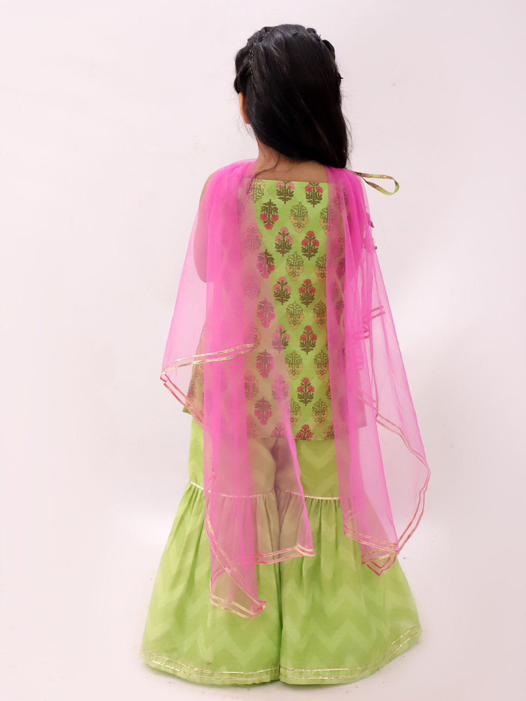 Mishti Green Kurta Sharara with Pink Dupatta Set For Girls