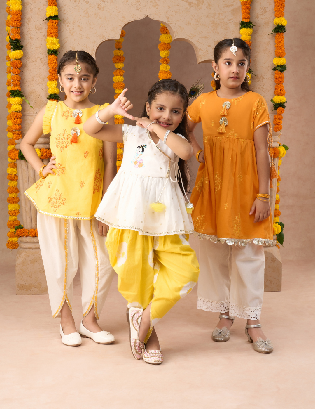 Marigold magic Girls Orange Cotton Kurta and White Pyjama Ethnic Set