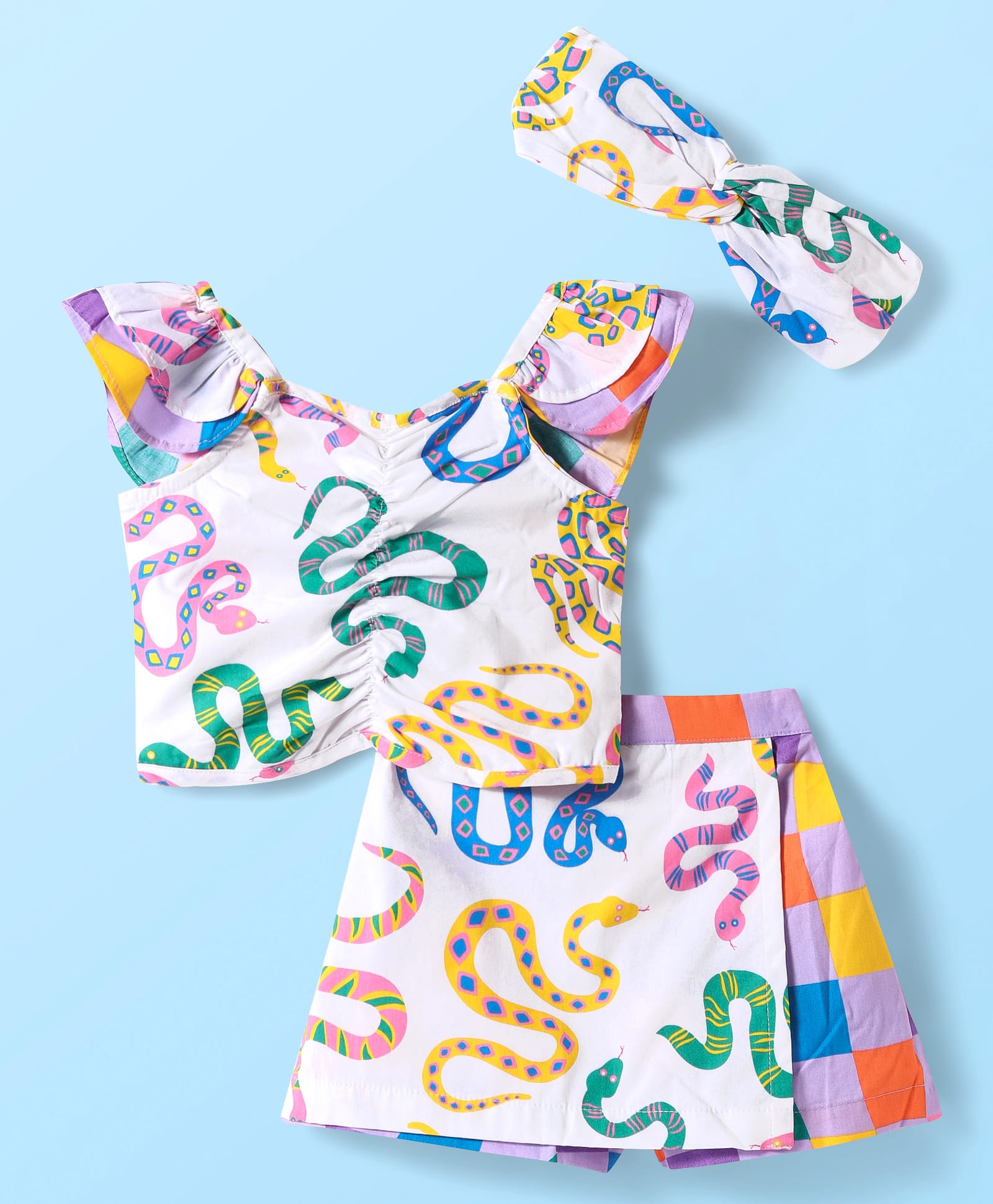 Board game inspired Girls Multi Color Snake Print Top and Shorts Set