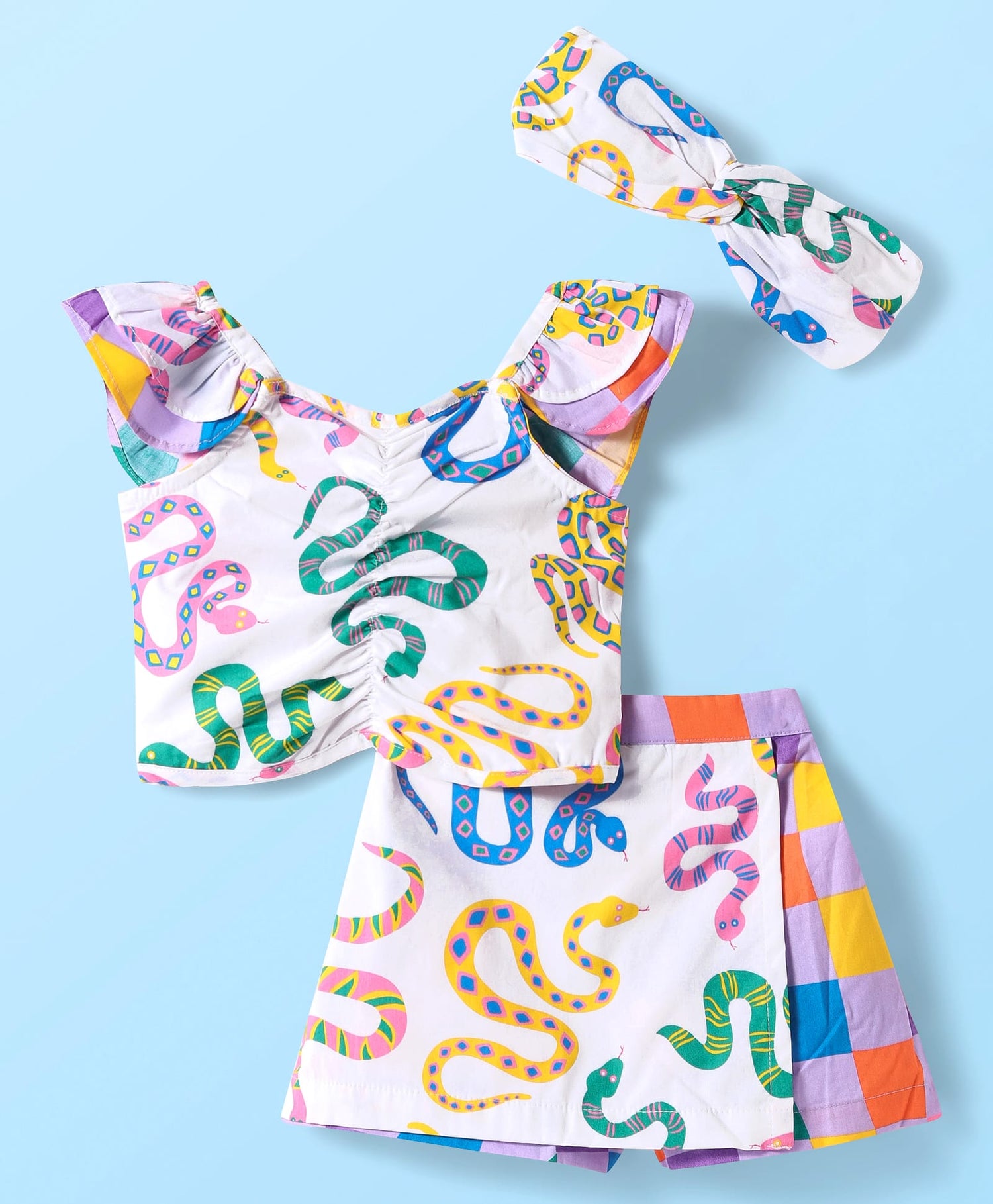 Board game inspired Girls Multi Color Snake Print Top and Shorts Set