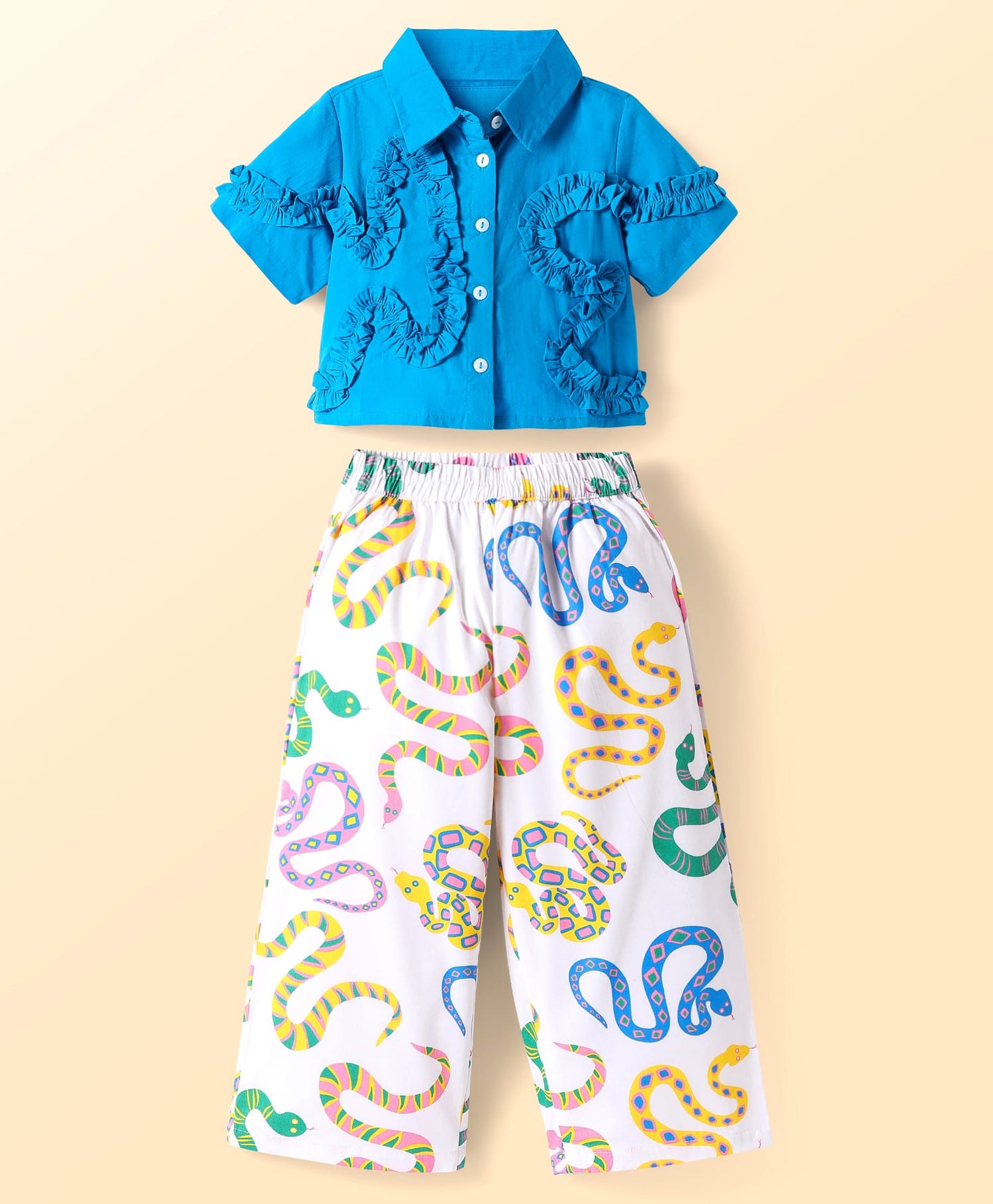 Board game inspired Girls Blue Shirt and Multi Color Snake Print Pant Set