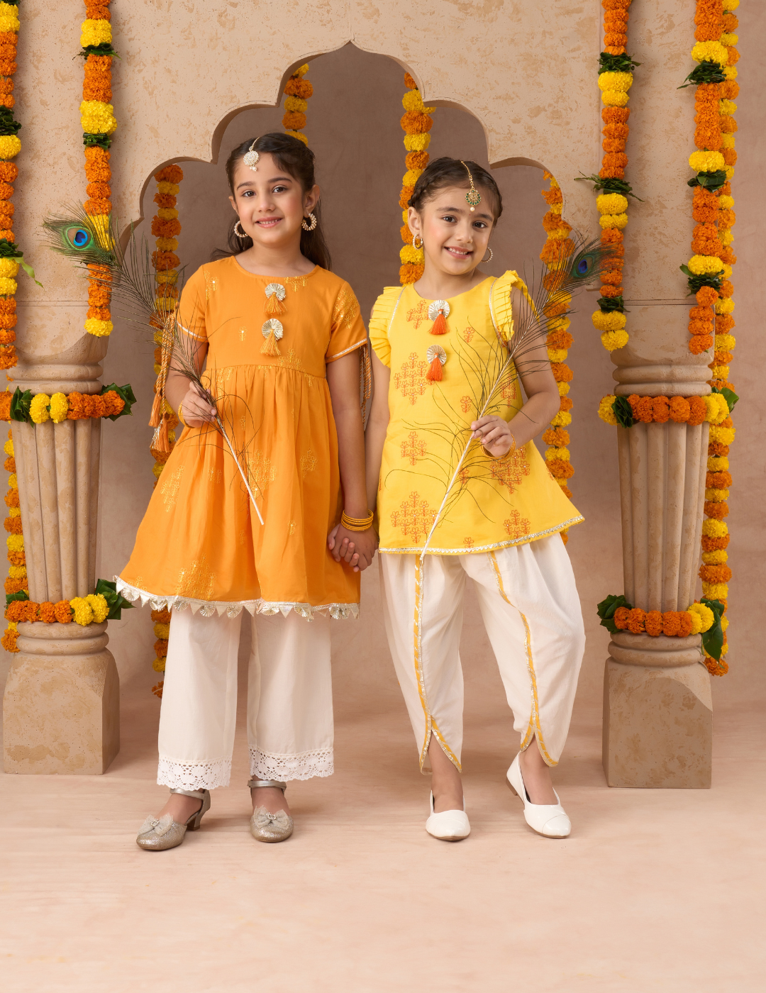 Marigold magic Girls Yellow Cotton Kurta and White Dhoti Ethnic Set