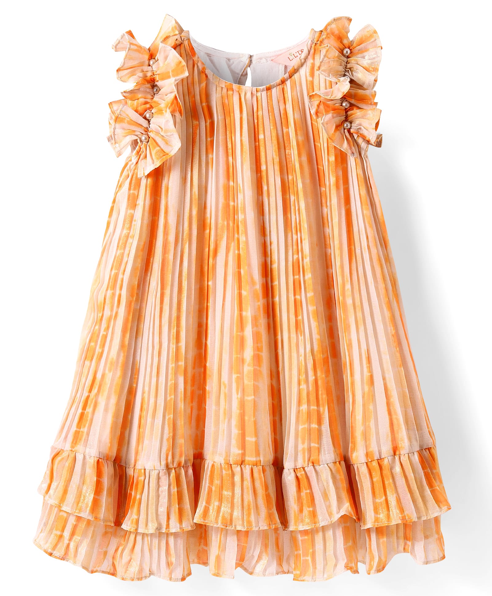 Glam up Girls Peach Foil Print pleated Party Dress