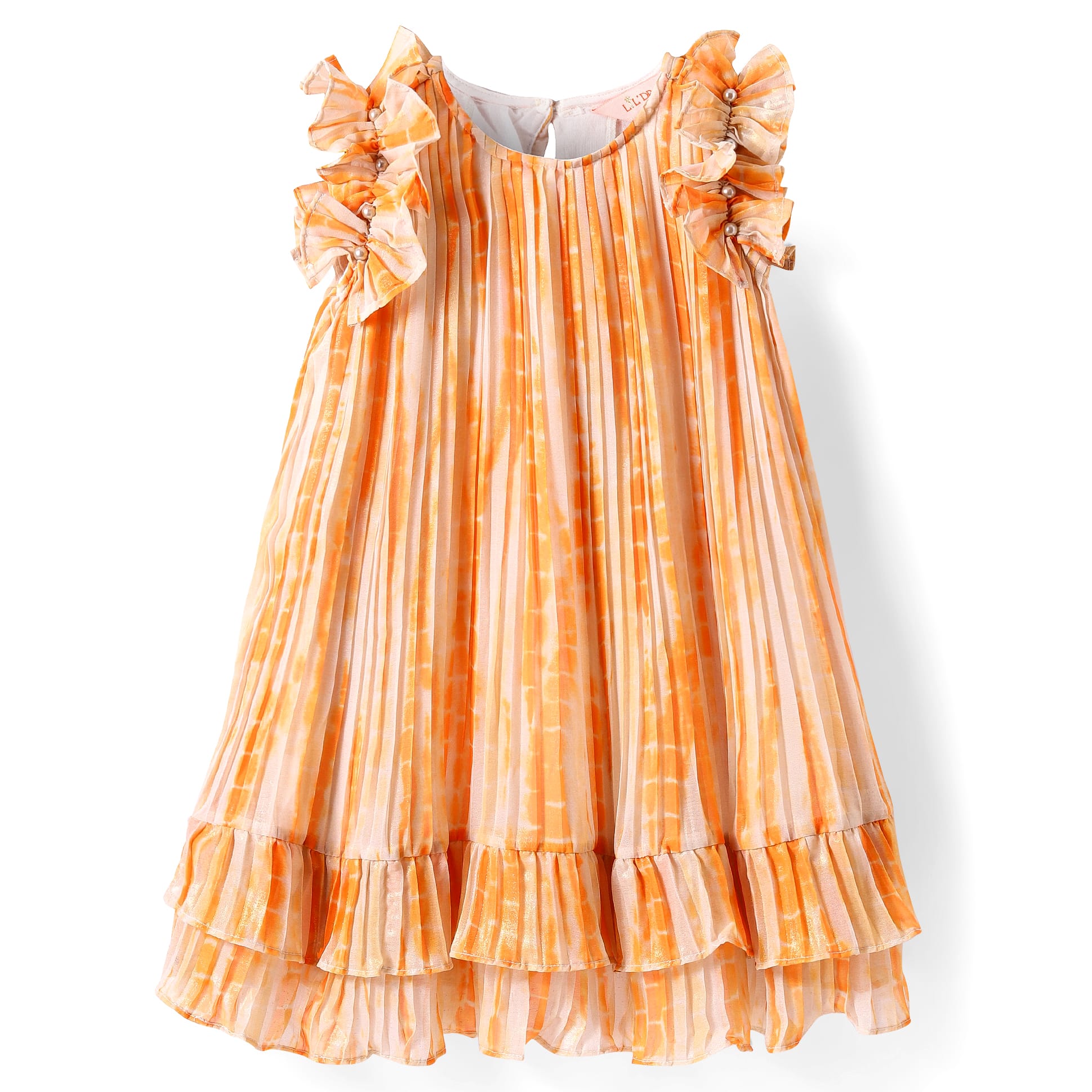 Glam up Girls Peach Foil Print pleated Party Dress
