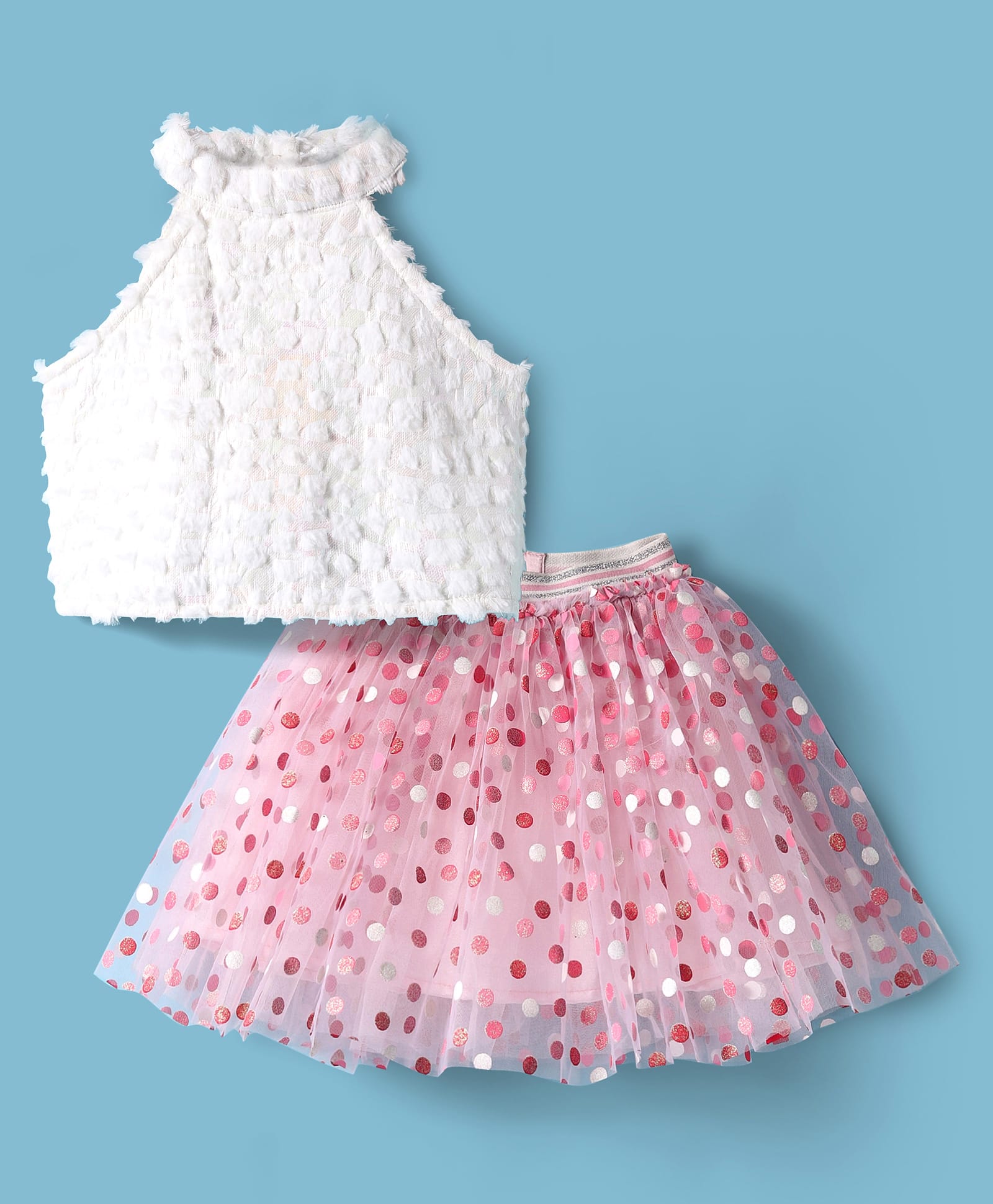 Rainbow Girls White Stylish Top with Pink Skirt Party Co-ordinate Set