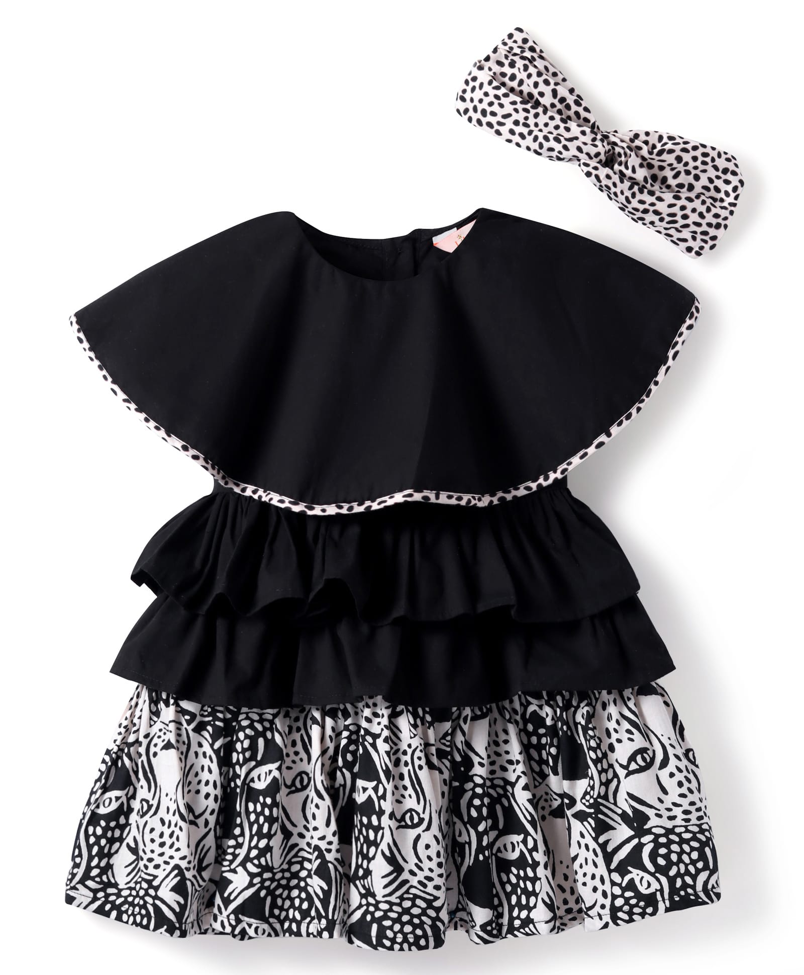 Roar at the Door Girls Brown and Black Printed Dress with Hairband