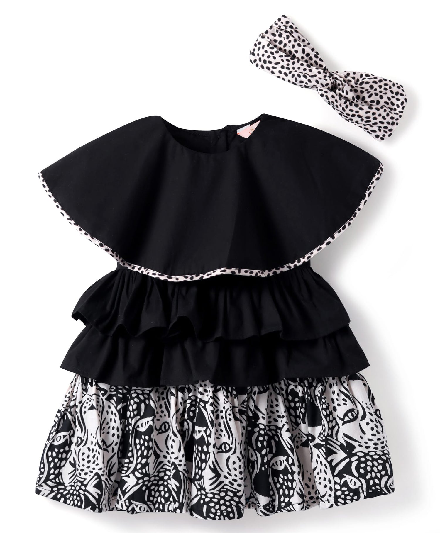 Roar at the Door Girls Brown and Black Printed Dress with Hairband