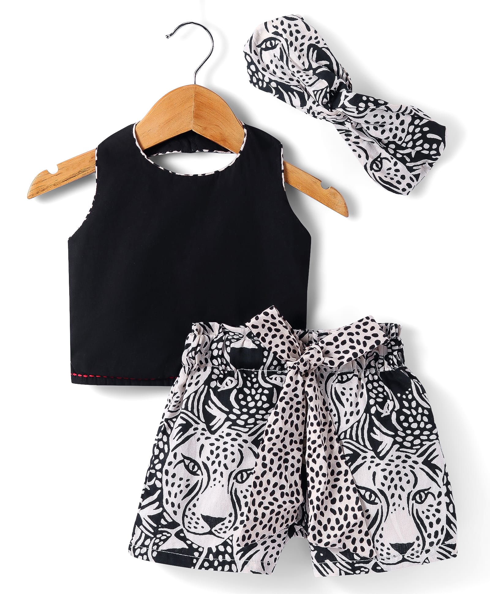 Roar at the Door Girls Brown and Black Printed Top and Shorts Set with Hairband