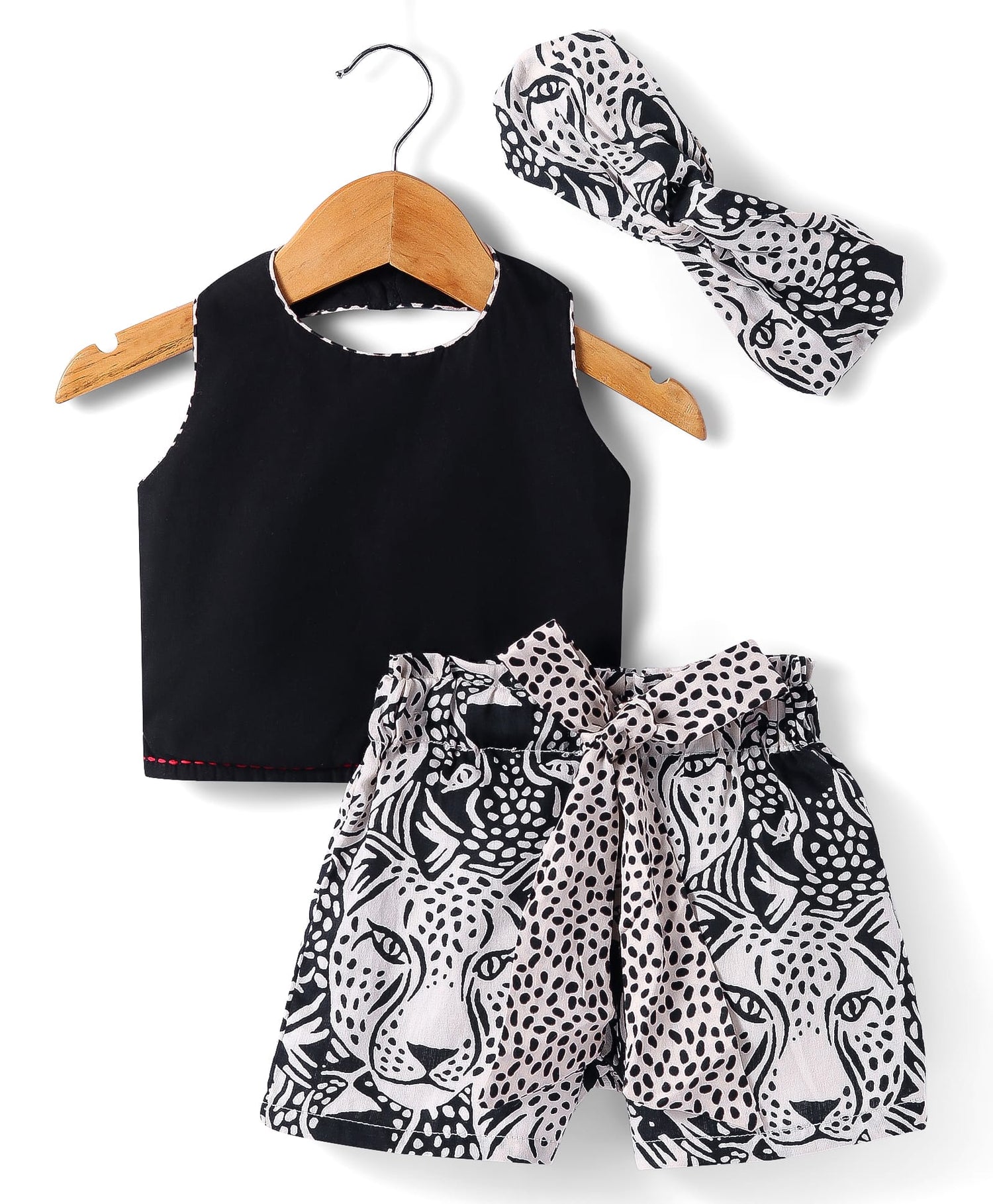 Roar at the Door Girls Brown and Black Printed Top and Shorts Set with Hairband
