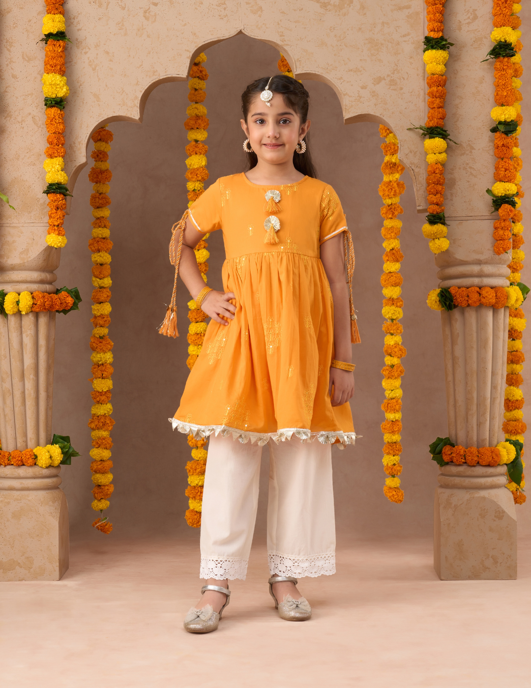 Marigold magic Girls Orange Cotton Kurta and White Pyjama Ethnic Set