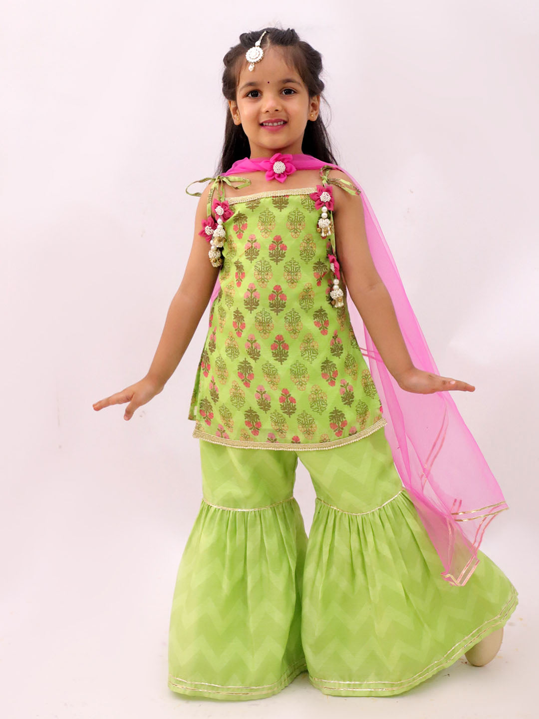 Mishti Green Kurta Sharara with Pink Dupatta Set For Girls