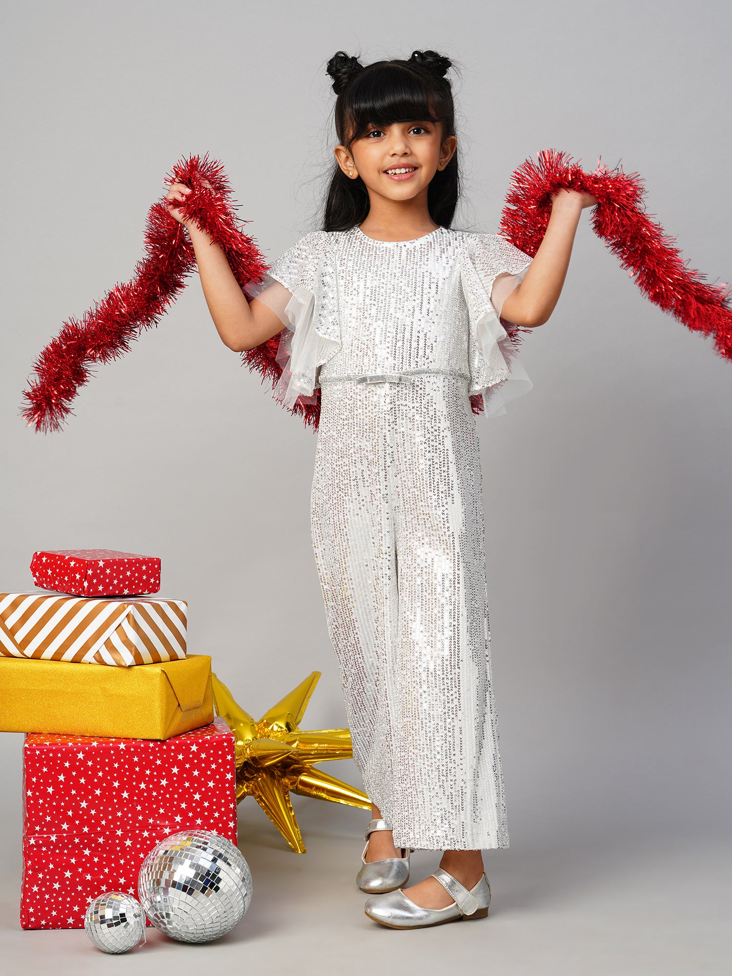 Razzle Dazzle Girls Sequins White Party Jumpsuit