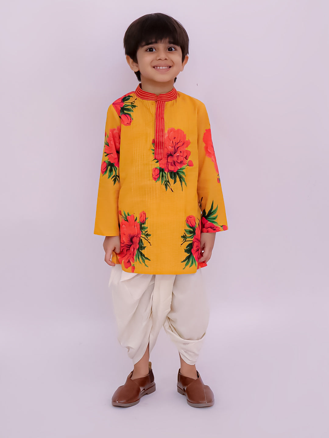 Genda Phool Mustard Kurta and White Dhoti Set for Boys