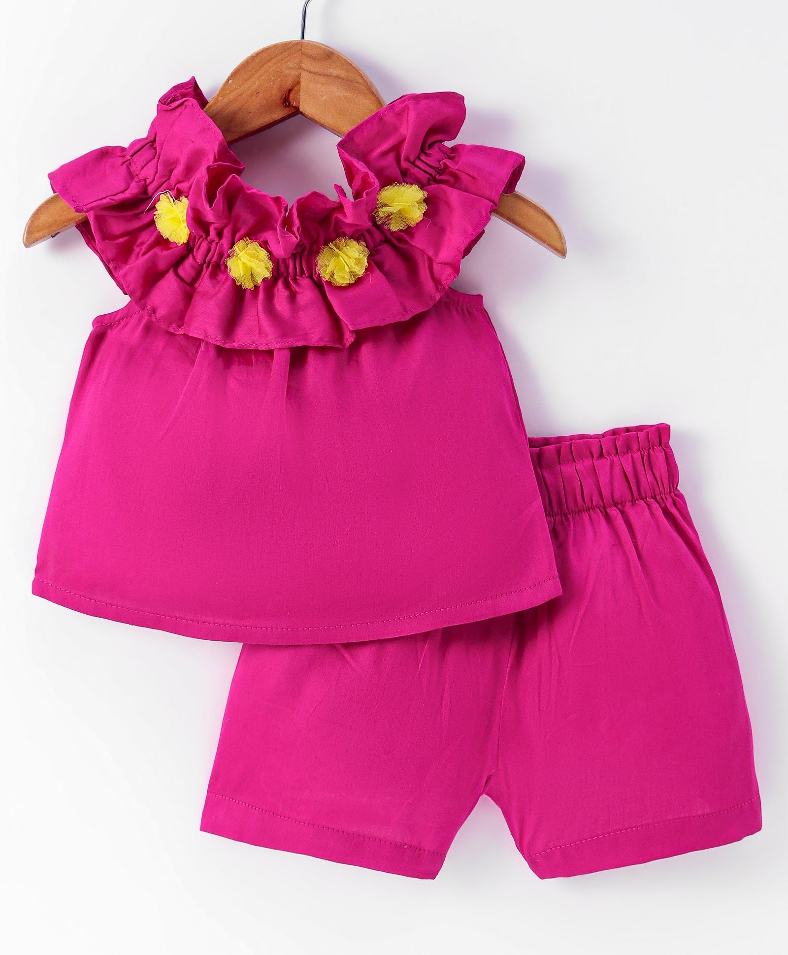 Girls Stylish and Trendy Cotton satin Ruffle off sholuder Top with Shorts