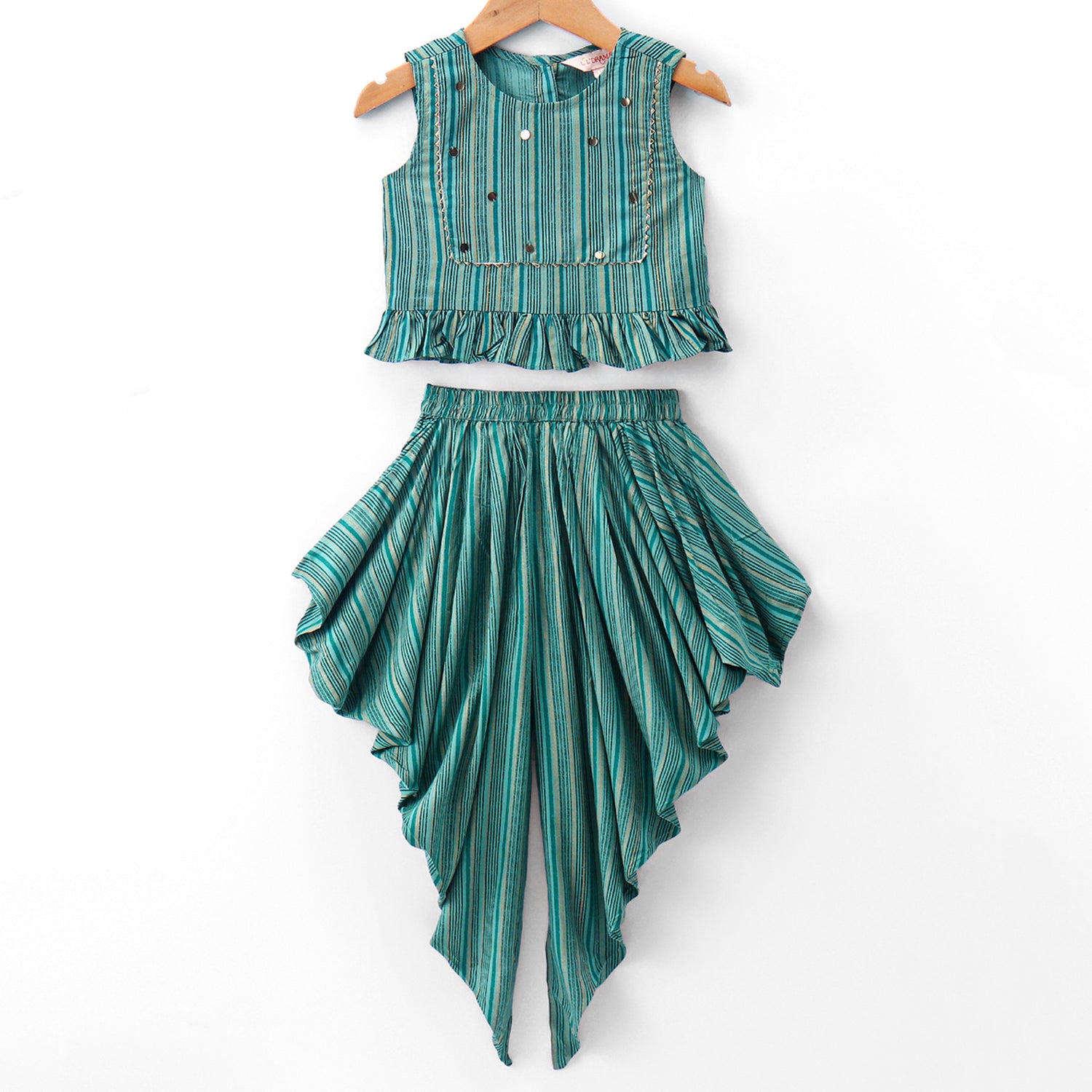 Girls Printed Gold Stripe Viscose Top with viscose Dhoti set