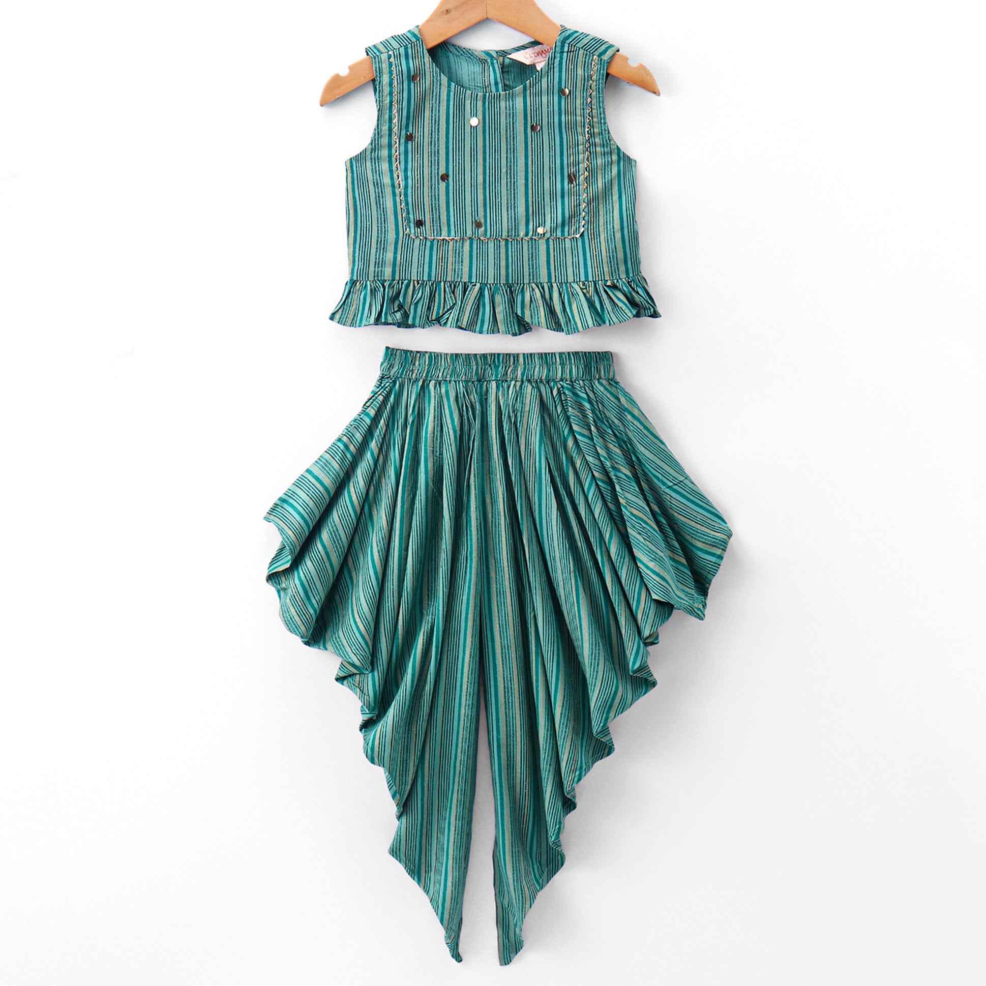 Girls Printed Gold Stripe Viscose Top with viscose Dhoti set