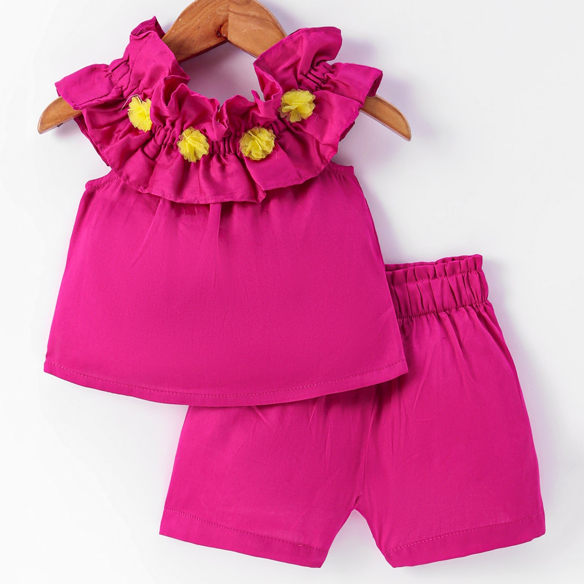 Girls Stylish and Trendy Cotton satin Ruffle off sholuder Top with Shorts