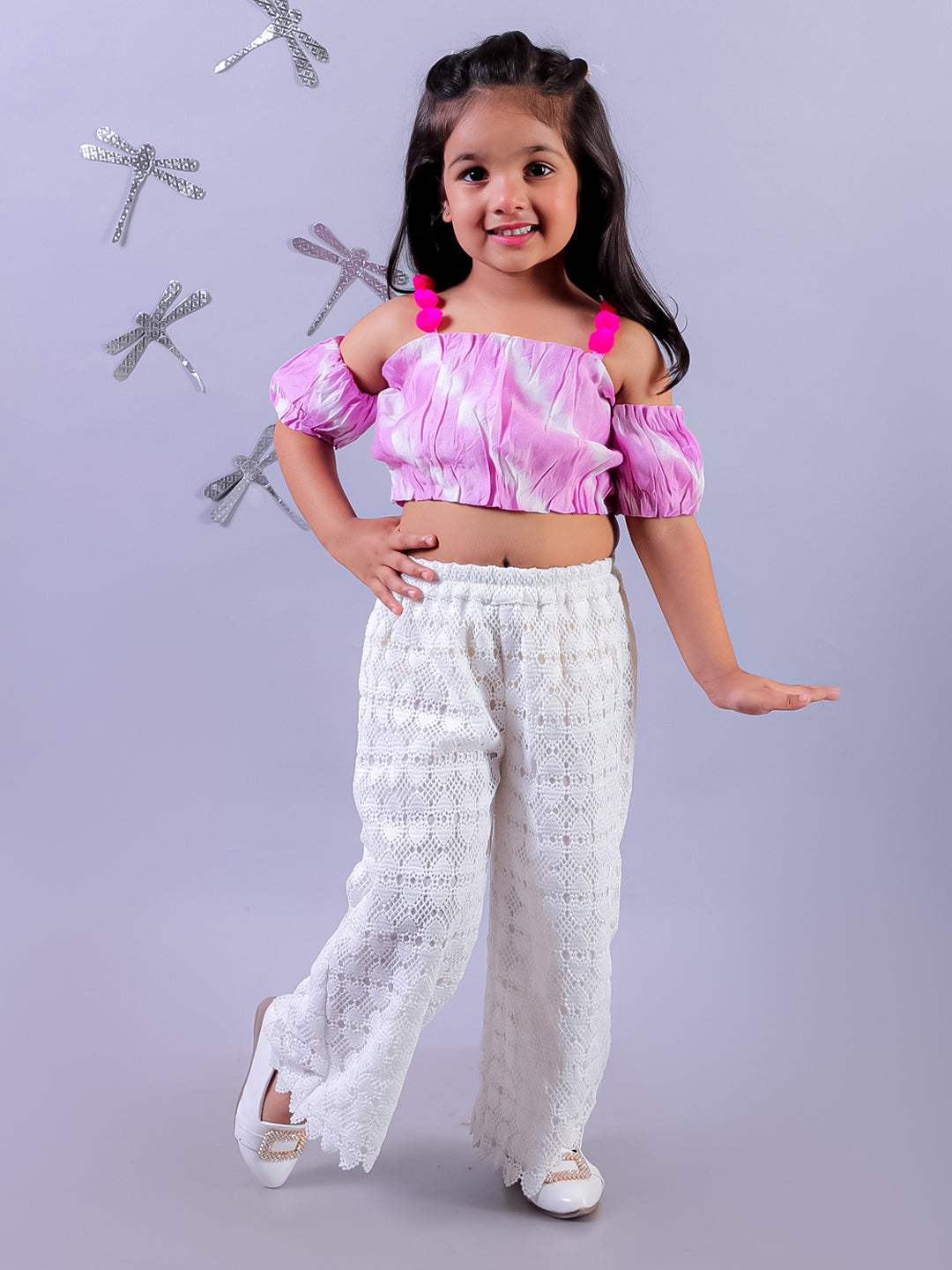 Shibori Print Lavender Top with White Pant Set For Girls