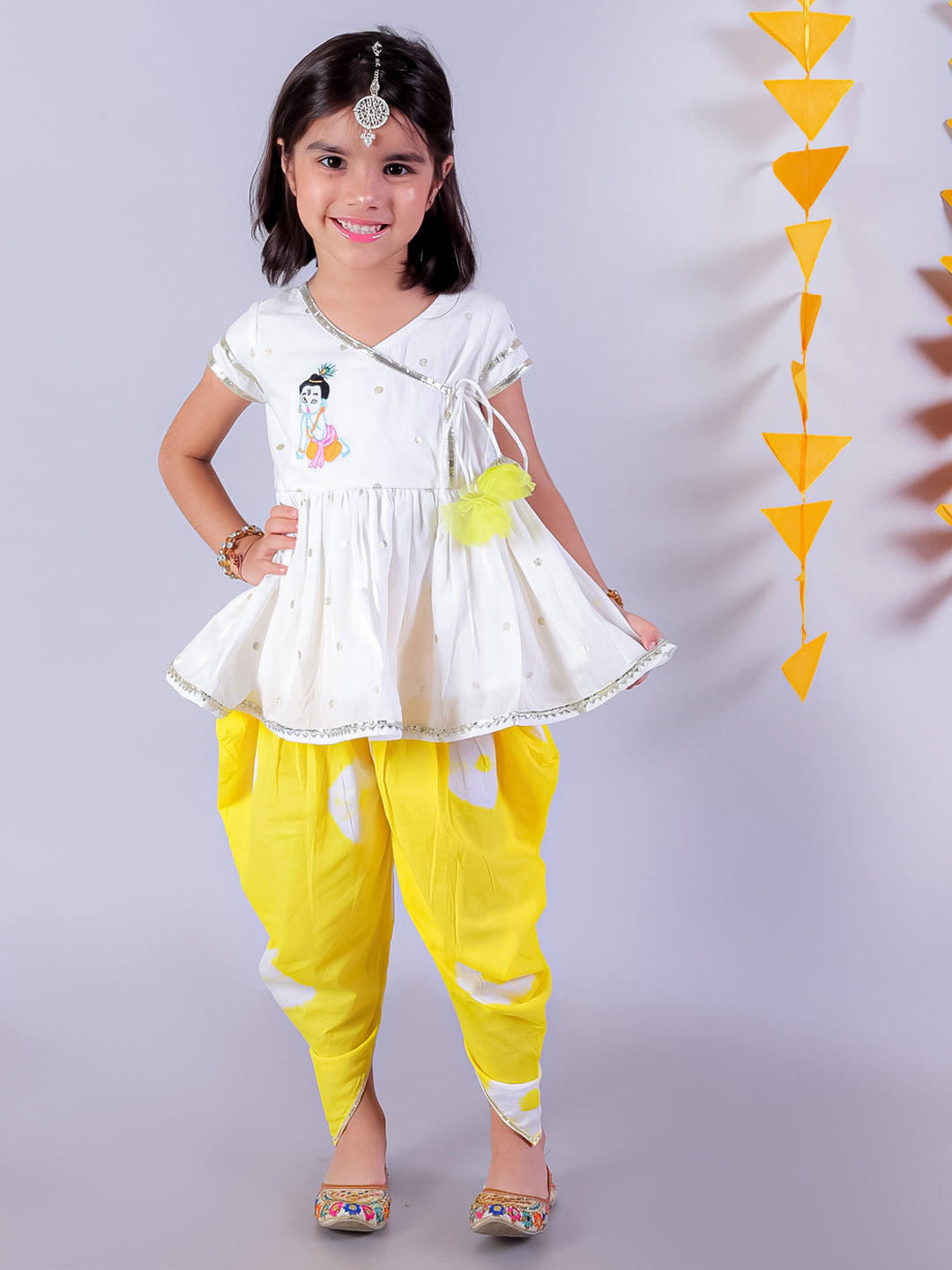 Marigold magic White Girls Cotton Kurta and Yellow Dhoti Ethnic Set