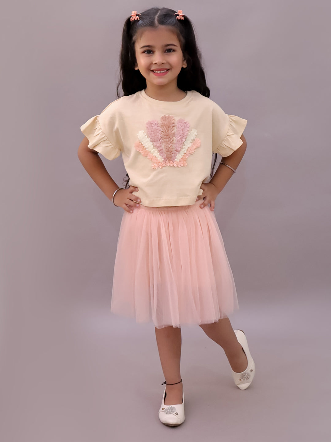 Paris Night Off White T-shirt with Peach Skirt Set For Girls