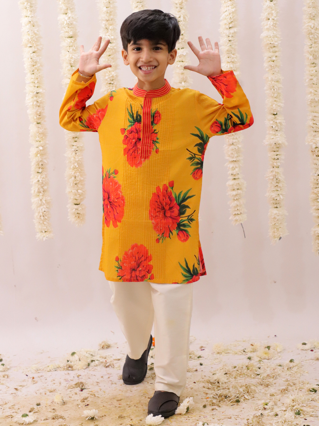 Genda Phool Mustard Kurta and White Pant Set for Boys