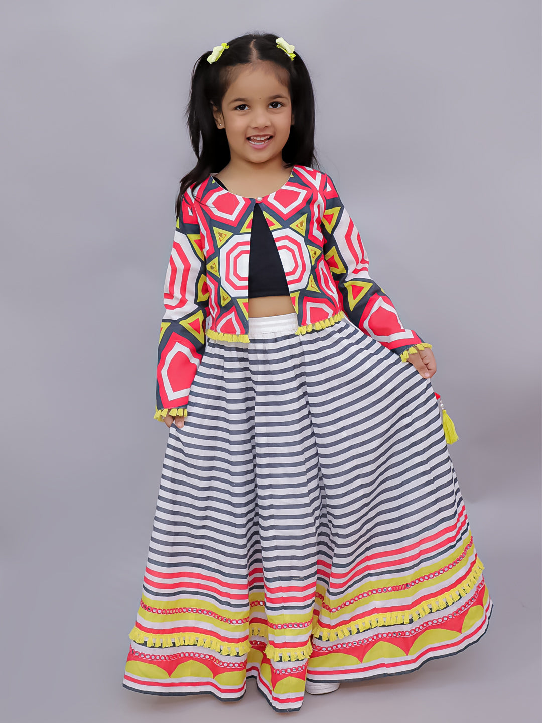 Shor-Gul Multicolor Lehanga Choli with Jacket Set for Girls