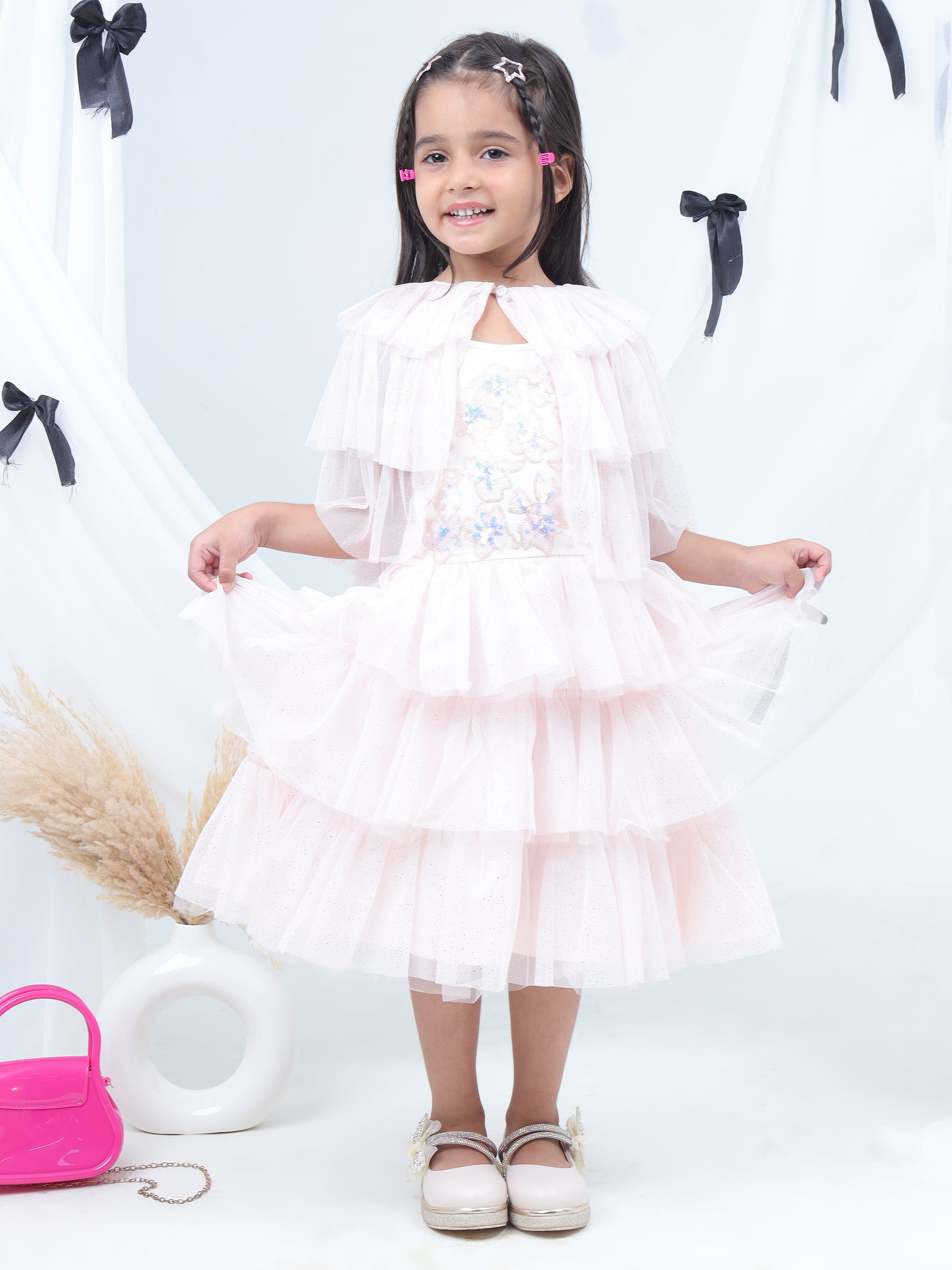 Razzle Dazzle Baby Pink Party Dress with Shrug for Girls