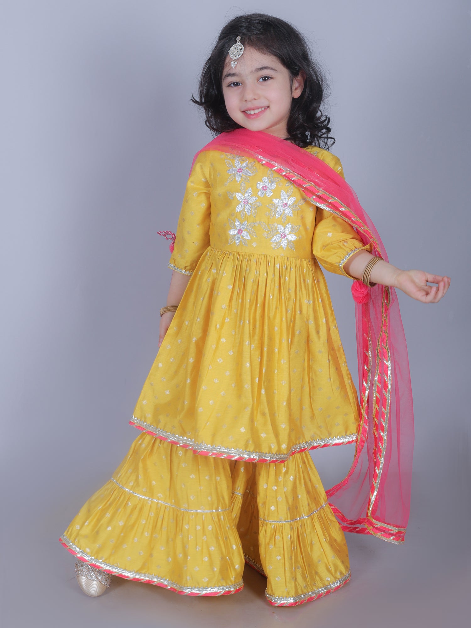 Zarqa Girls Yellow kurta with Sharara and Dupatta set