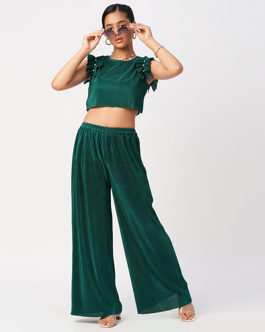 Glam up Girls Green Party Top with Pant Girls Co-ordinate set