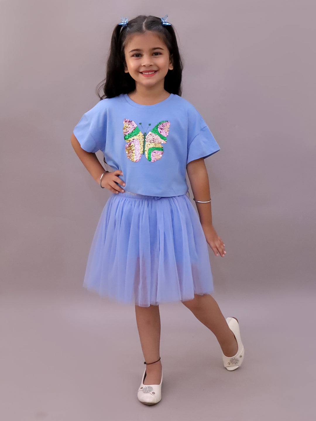 Paris Night Blue T-shirt with Skirt Set For Girls